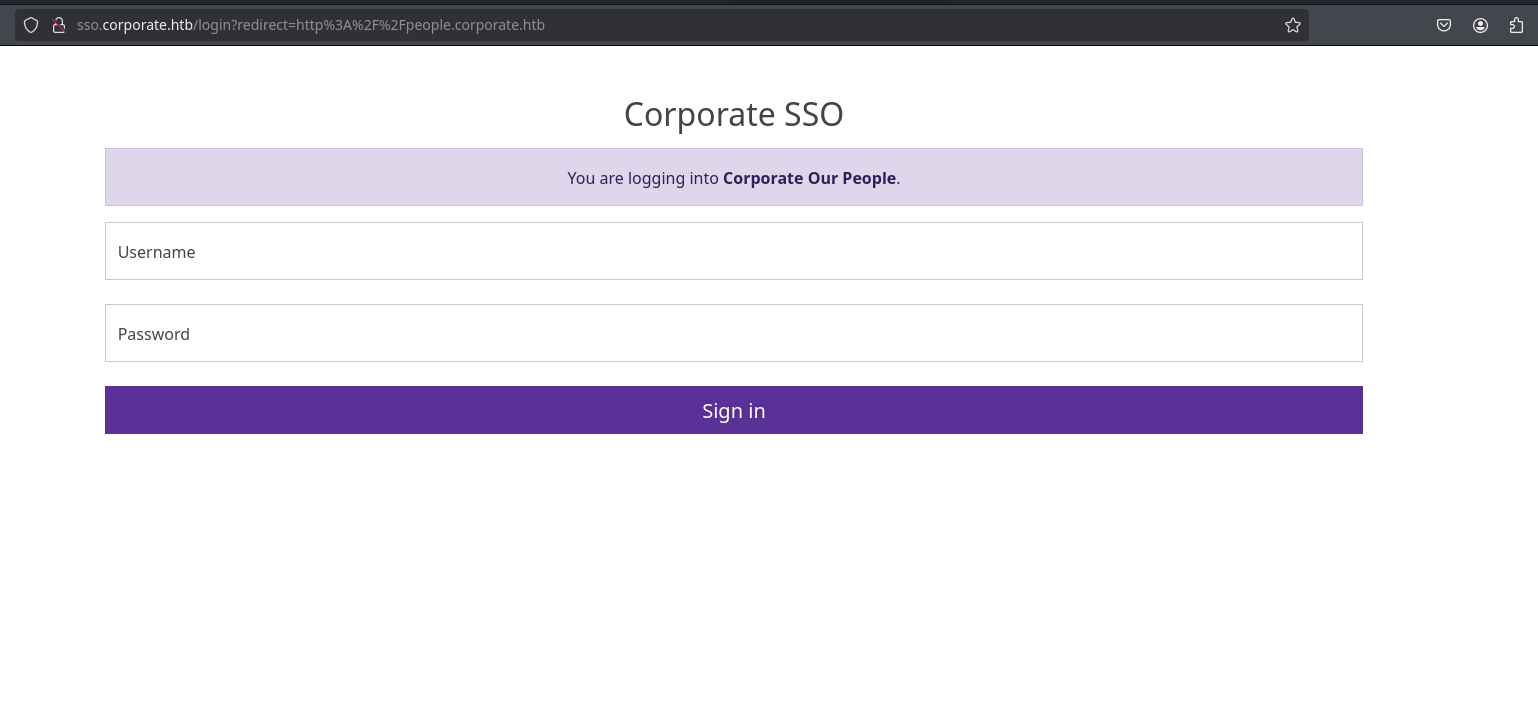 people.corporate.htb login redirects to sso.corporate.htb/login