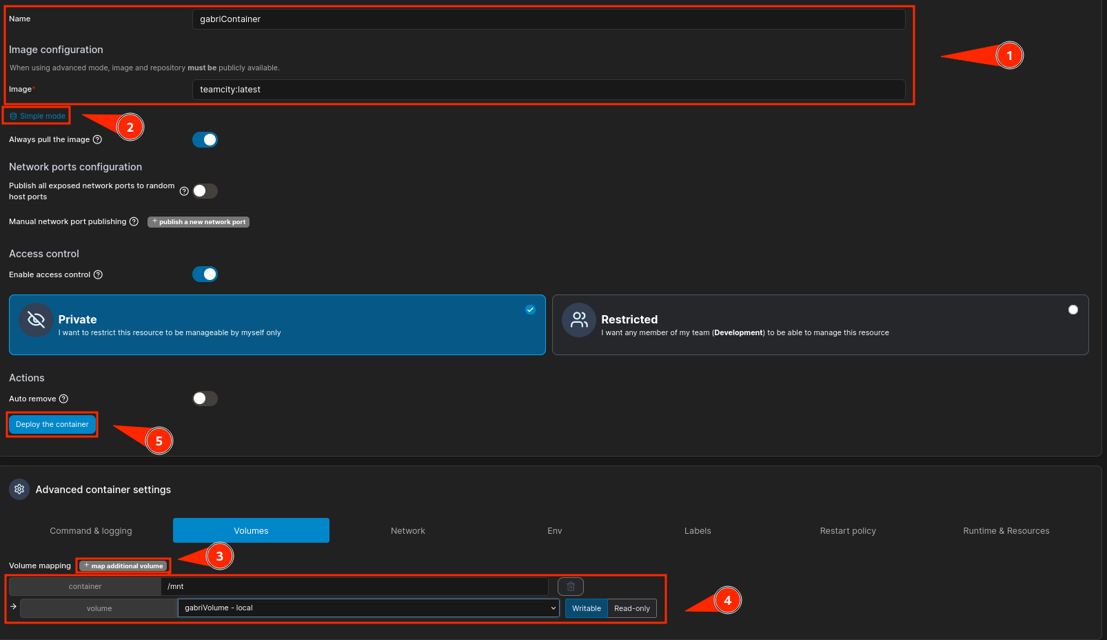 container settings