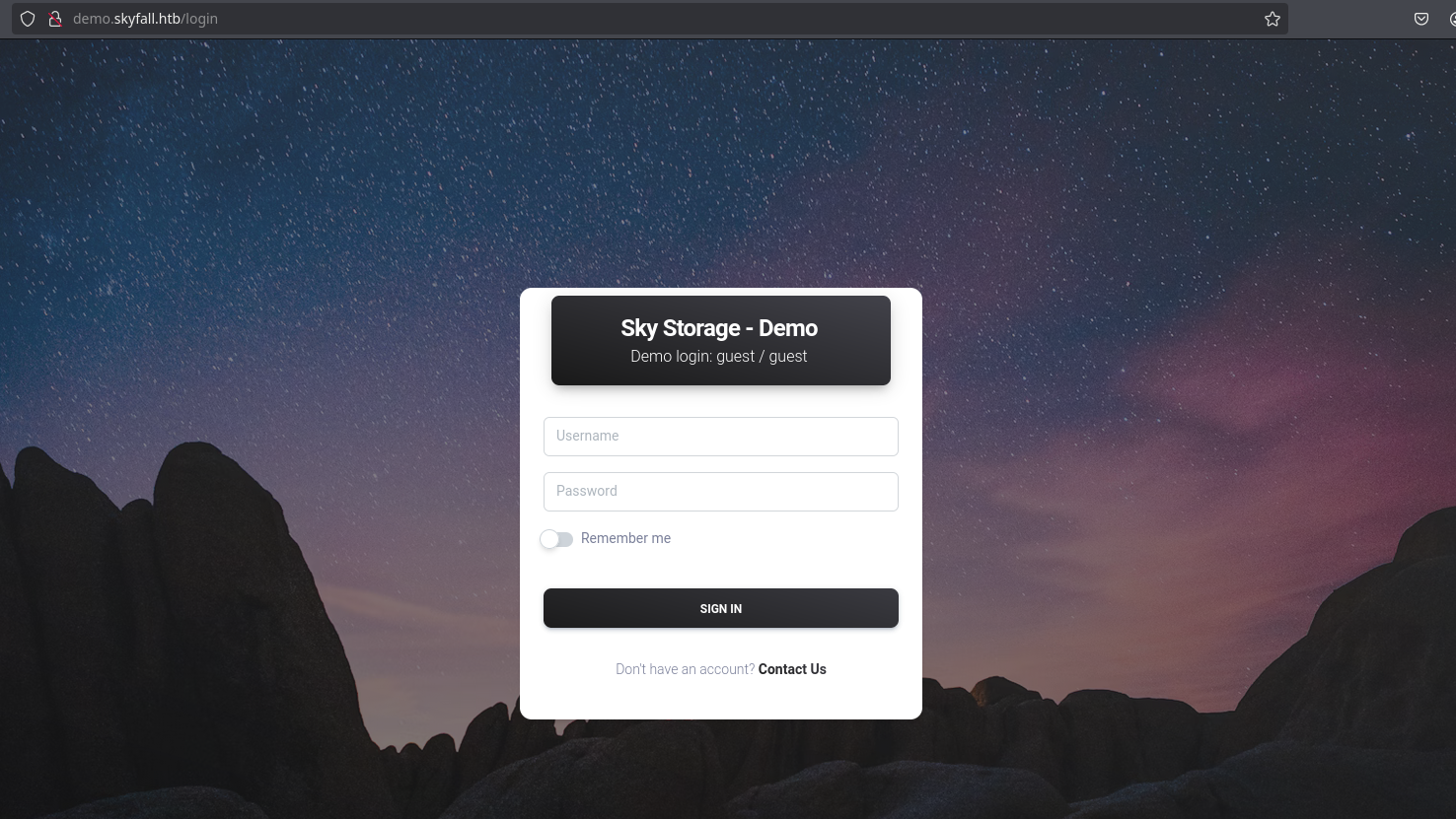 demo.skyfall.htb main page