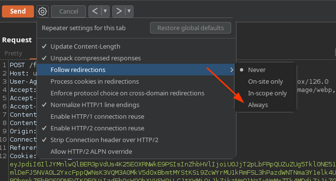 burp configuration follow redirect